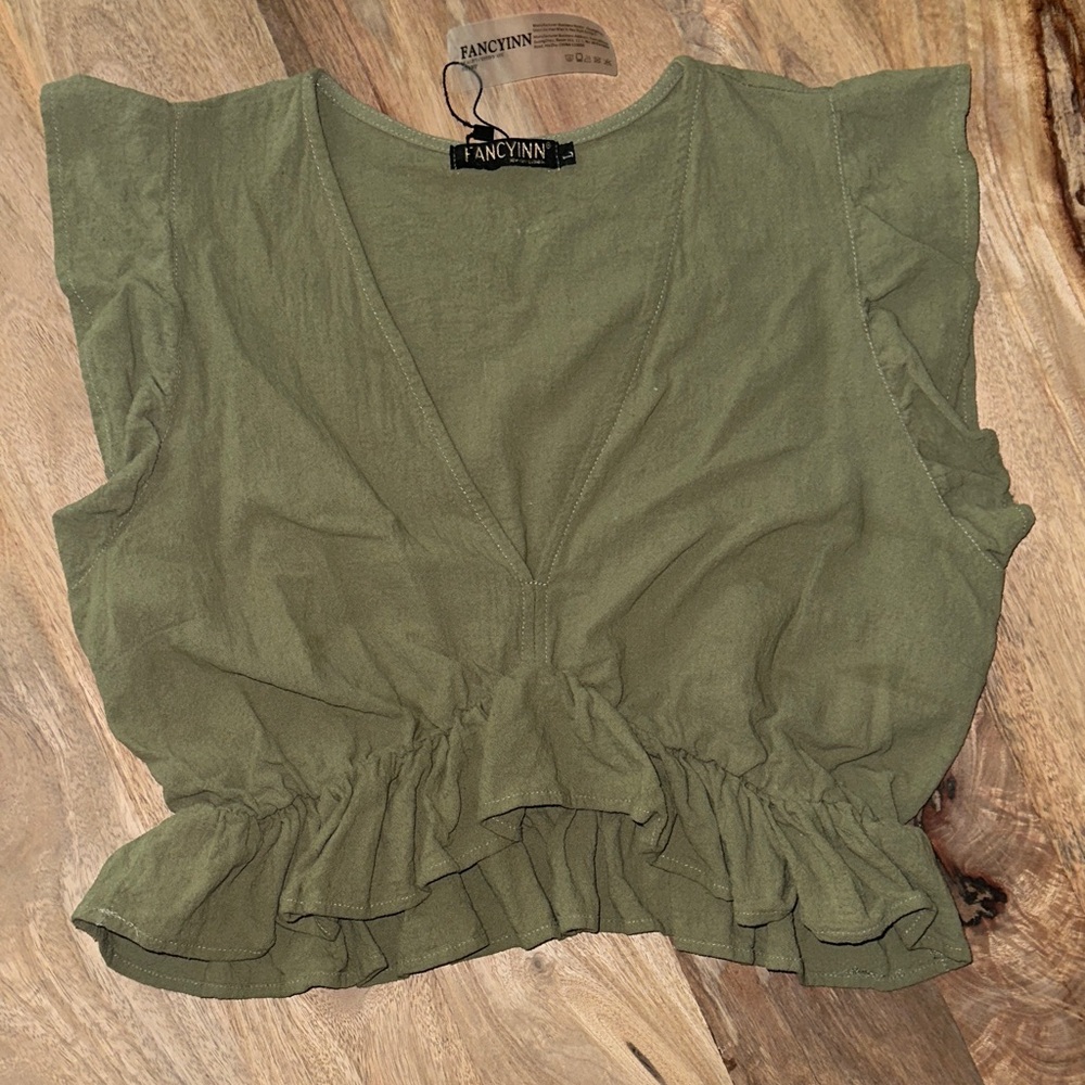 Fancyinn Olive Green Ruffle V-Neck Blouse